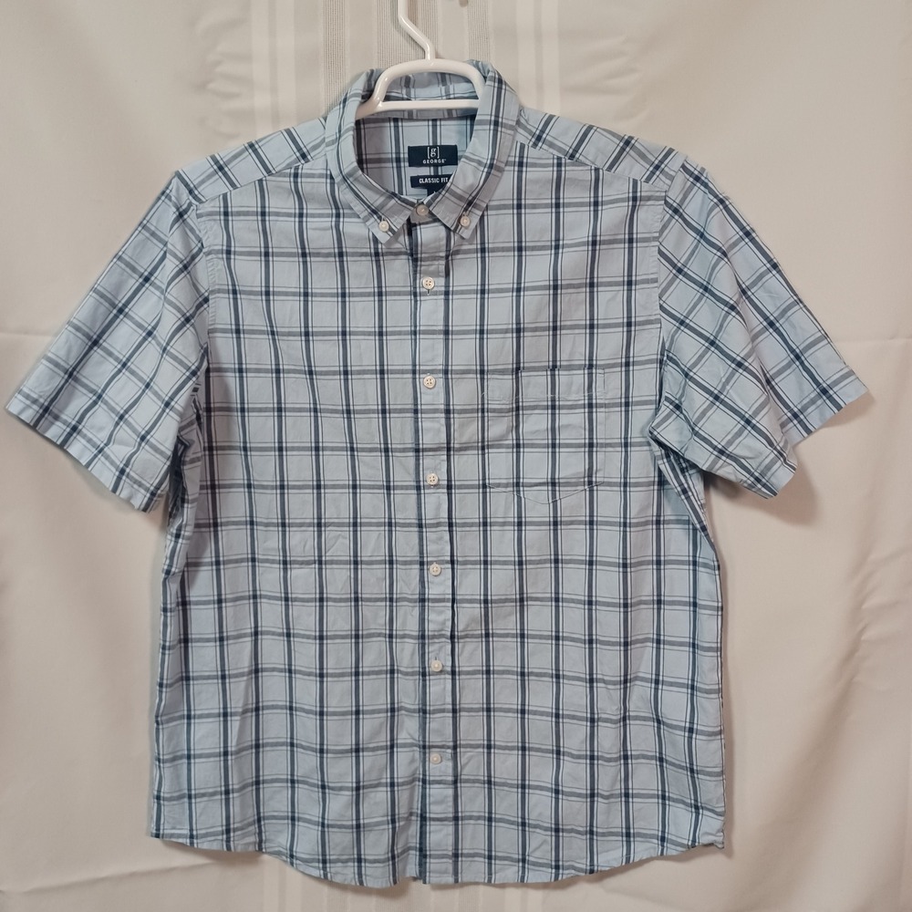 George Button Down Shirt Mens L Blue Plaid Classic Fit Short Sleeve Stretch Pock